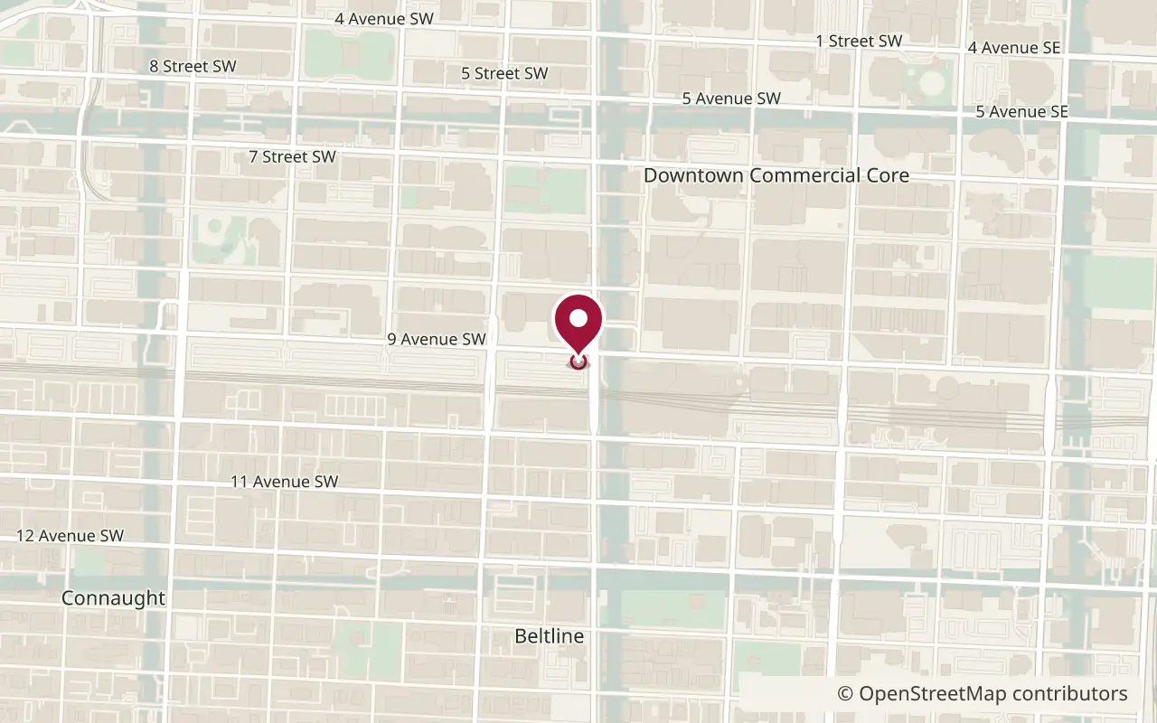 Street map of the sample alert near 9 Avenue SW in downtown Calgary. A small credit on the map reads © OpenStreetMap contributors. Alex Rivera is a made-up person.