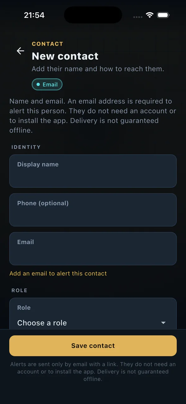 New contact screen with name, phone, and email fields. It says alerts are sent only by email and that the person does not need an account.