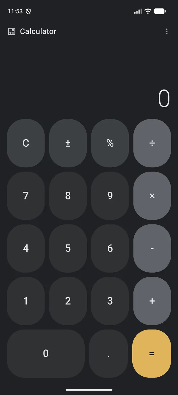 Android calculator decoy covering Guardian Pin. A note says to enter the PIN, then equals, to return.