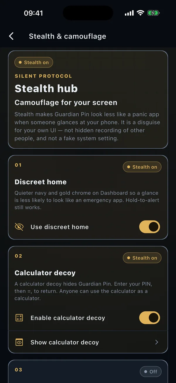 iPhone Stealth and camouflage settings screen. It shows the Stealth hub, with Use discreet home turned on and Enable calculator decoy turned on.