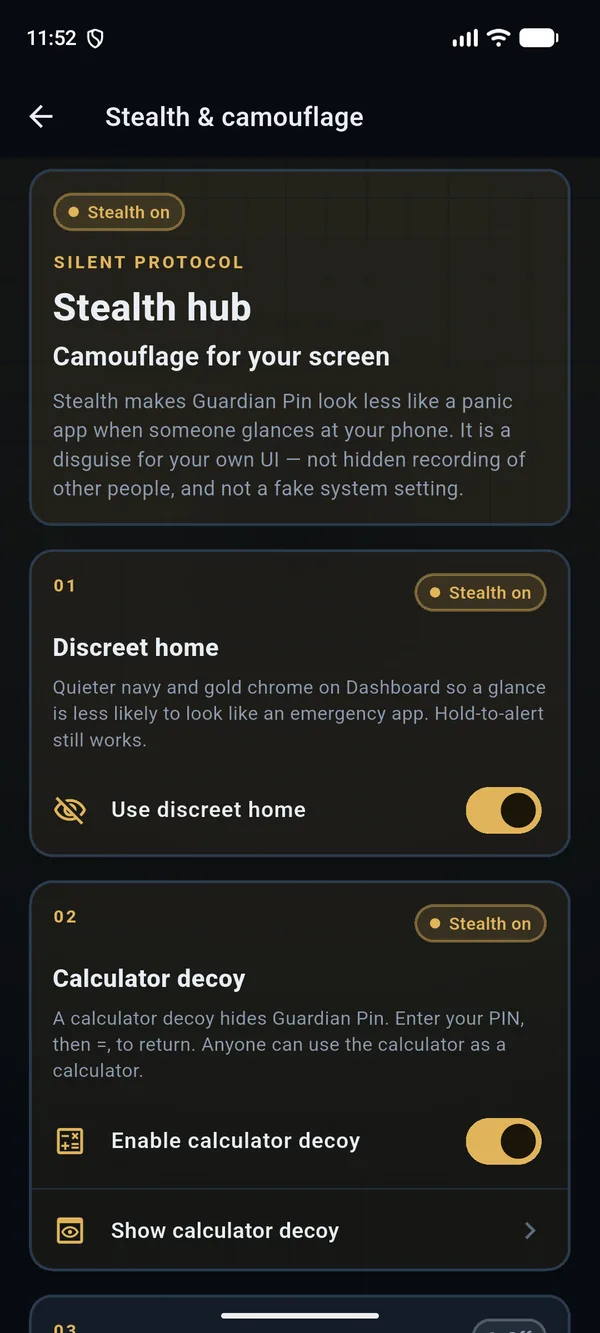 Android stealth screen with discreet home turned on. The home screen uses quieter navy and gold, and hold to alert is still shown.