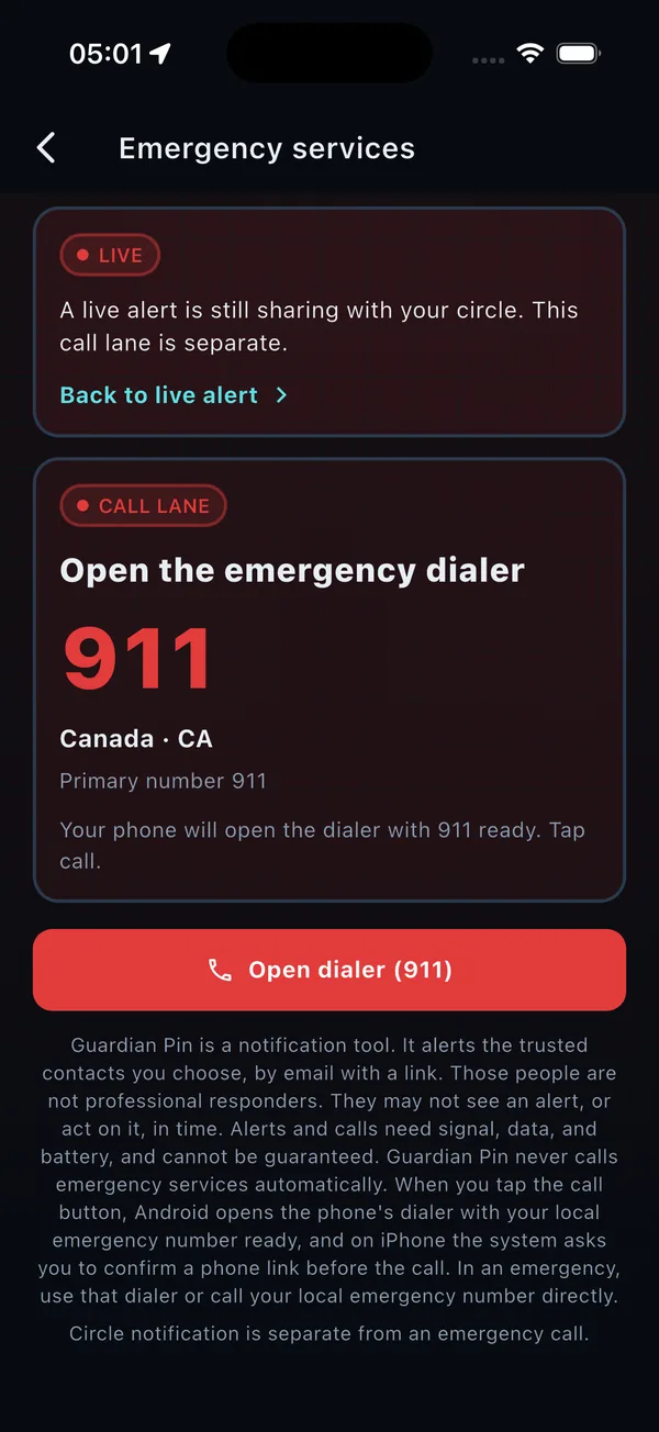 Emergency call screen. It says the phone will open the dialer with 911 ready and that you tap call. A button reads Open emergency dialer.