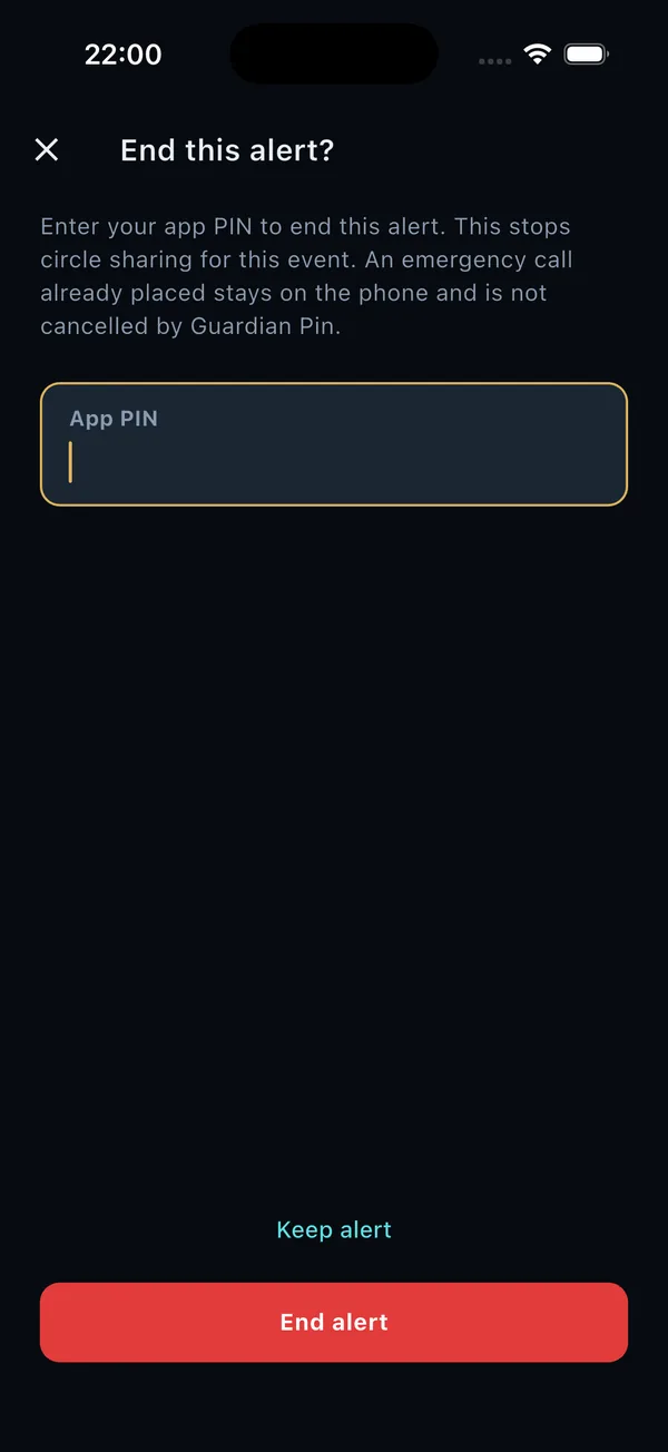 End alert screen with a field for the app PIN. The text says ending the alert stops circle sharing, including live location.