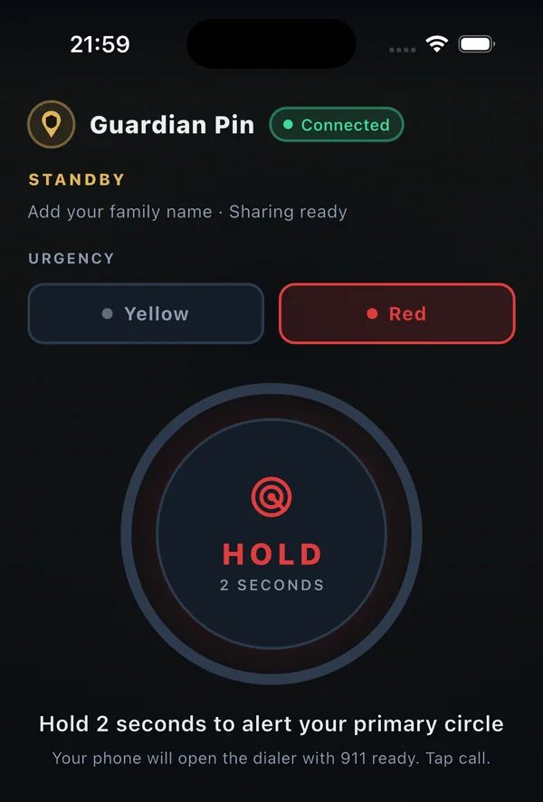 Guardian Pin home screen with a red button that reads Hold 2 seconds to alert your circle, and a separate button to open the emergency dialer.