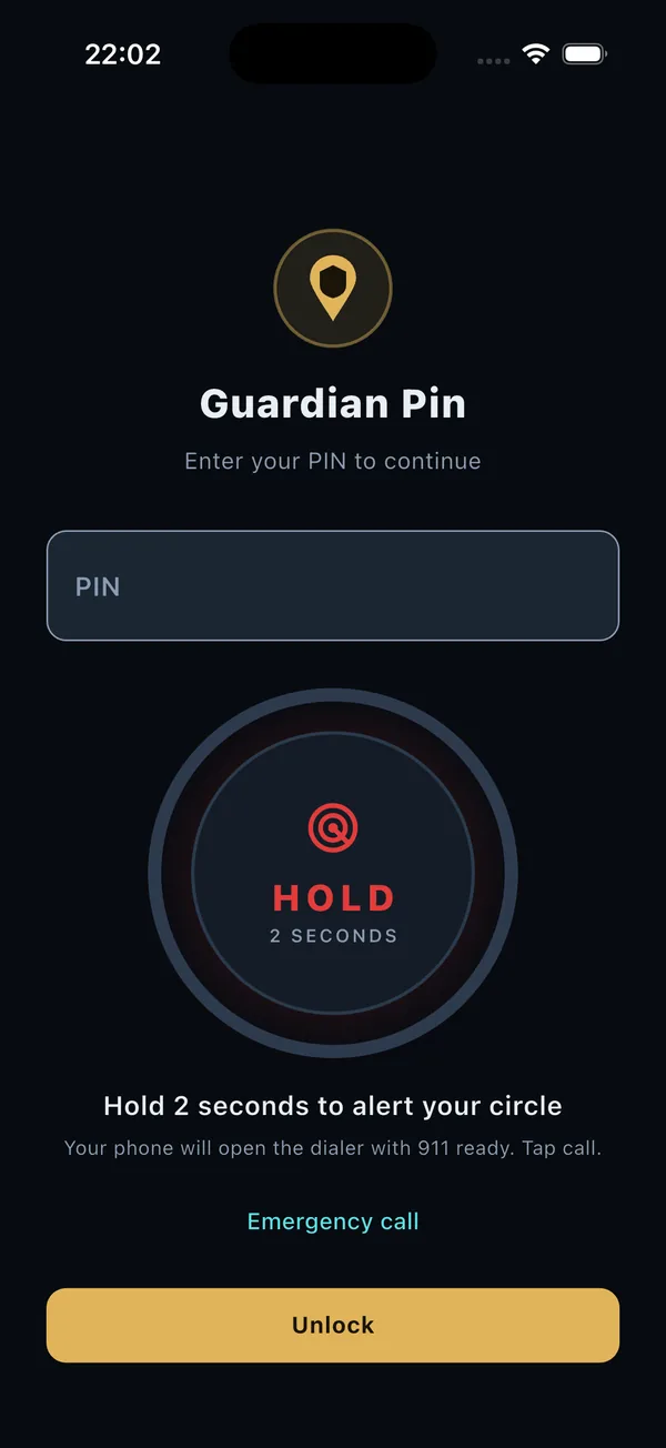 Lock screen asking for the PIN to continue. Hold to alert and an emergency call button are still available.