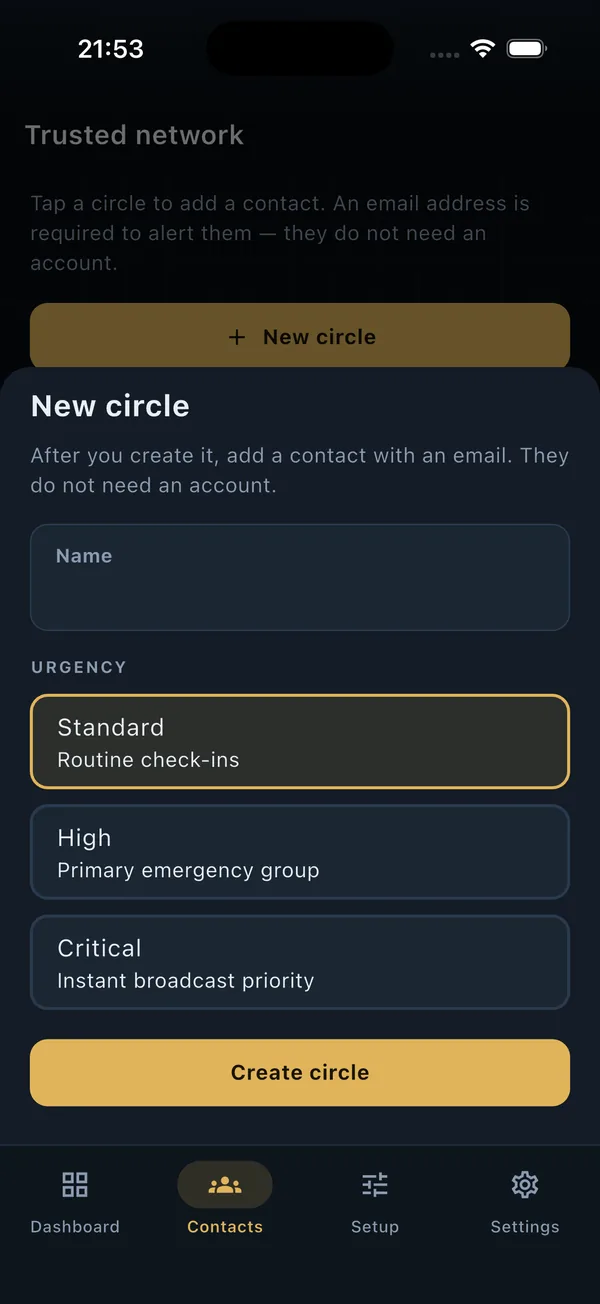 New circle screen with a name field and urgency choices of Standard, High, and Critical. A note says to add a contact with an email and that they do not need an account.