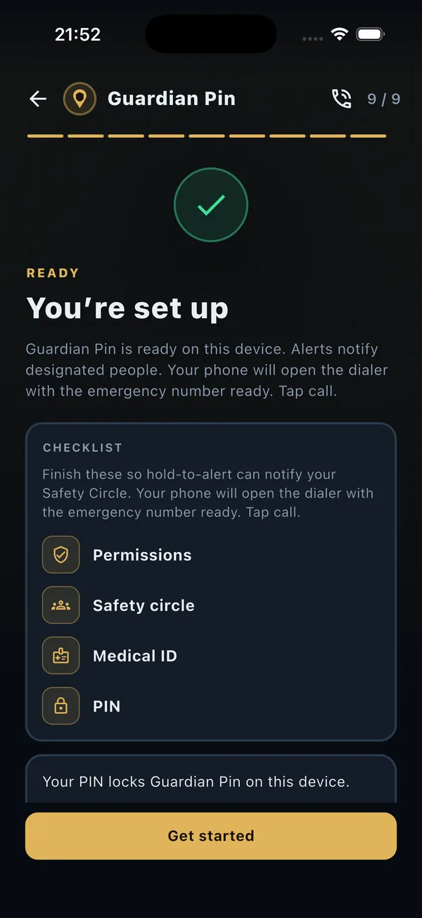 Setup checklist. Permissions, the safety circle, Medical ID, and the PIN are each marked ready.