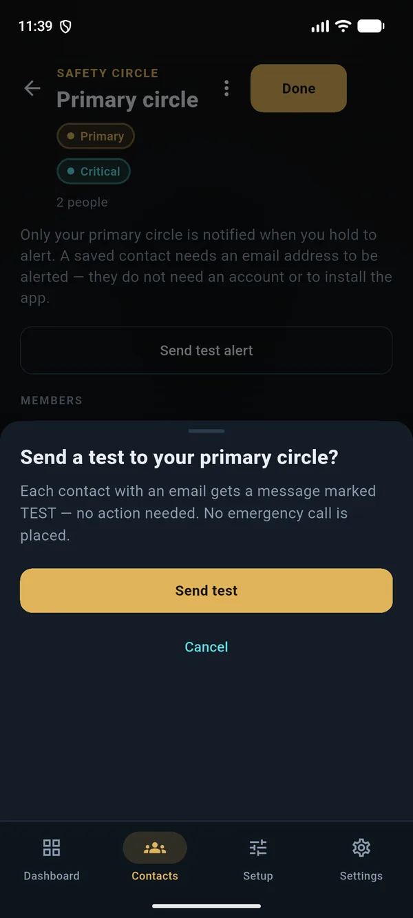 Confirmation asking whether to send a test alert to a circle. It says the message is marked TEST, no action needed, and that the test does not open the emergency dialer.
