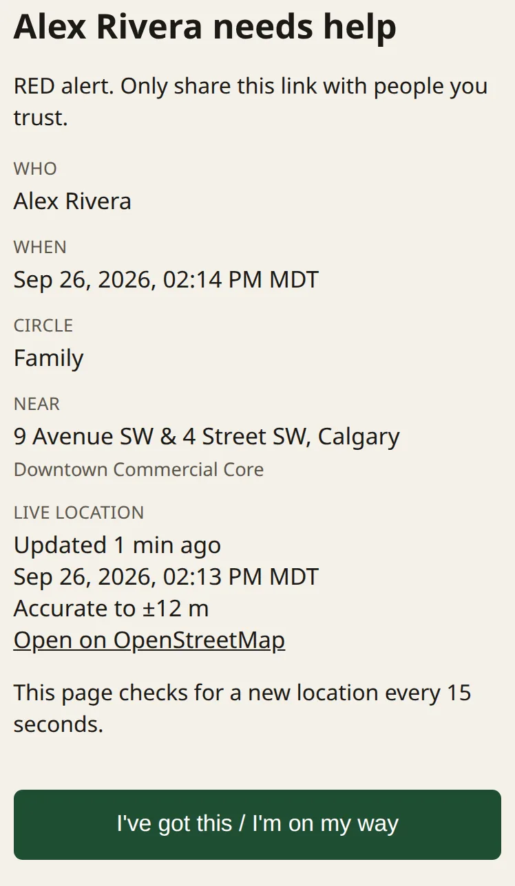 Private alert page for Alex Rivera, a made-up person. It is labelled Live location, says updated 1 minute ago, shows 2:14 PM and 2:13 PM, has Open in Maps and Apple Maps links, and says the page checks for a new location every 15 seconds.