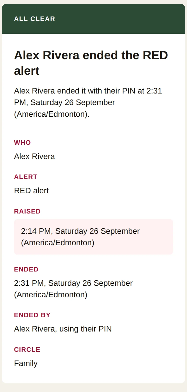 Sample all-clear email. Alex Rivera, a made-up person, ended the red alert with the app PIN. The Family circle is told the alert has ended.