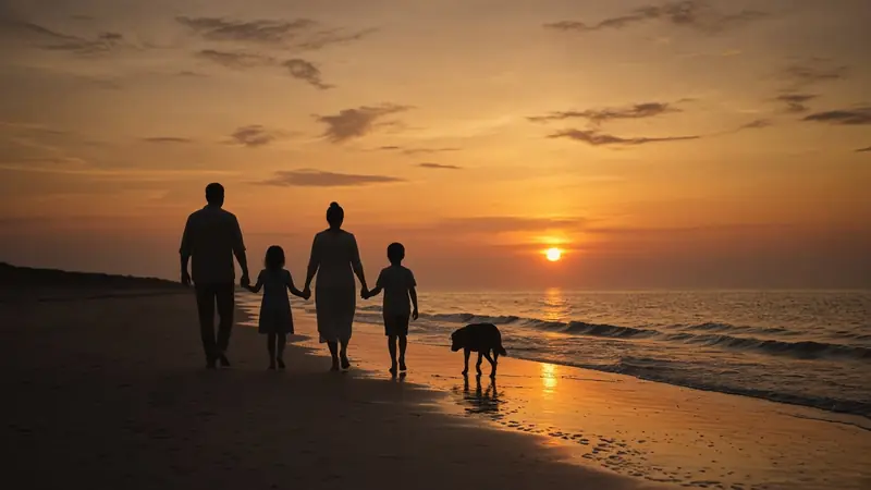 Silhouette of a family of four and a dog on a beach at sunset.