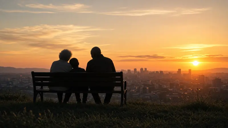 Silhouette of two older adults and a child sitting on a bench above a city at sunset.
