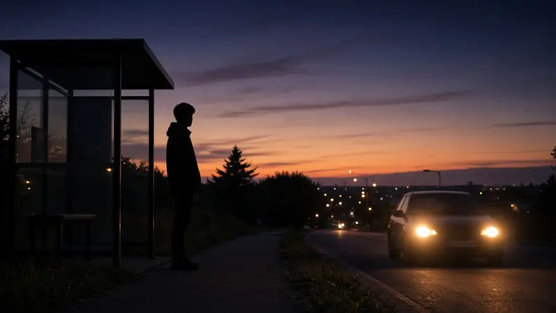 Silhouette of a teenager with a backpack at a bus stop at dusk, as a car pulls up.