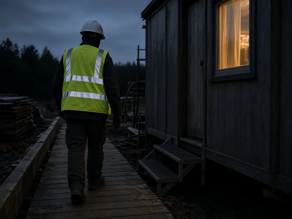 A construction worker seen from behind on a site walkway beside a lit trailer, hard hat on, high-visibility vest with reflective bands.