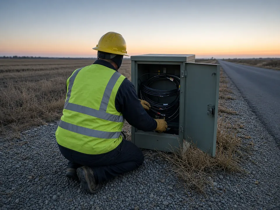 A field technician seen from behind, kneeling at an open roadside fiber pedestal at first light, hard hat on, high-visibility vest with reflective bands, gloves on.