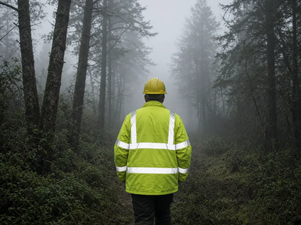 A forestry worker seen from behind in a hard hat and a high-visibility jacket with reflective bands, walking away through a misty conifer forest.