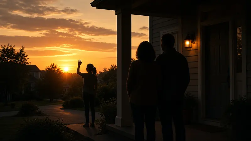 Silhouette of a teenager waving from the steps while two adults stand in a lit doorway.
