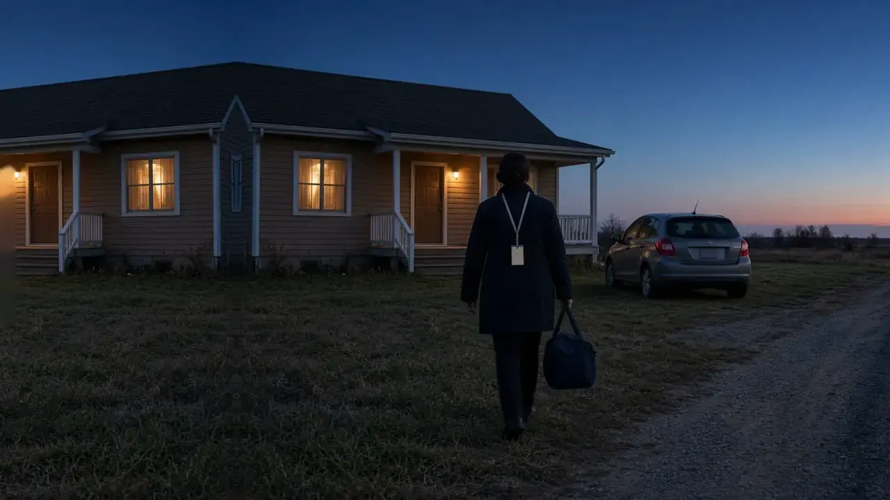 A home care worker seen from behind, walking toward a client's house at dusk on a rural road, in a navy coat, with a lanyard and a blank ID badge, carrying a care bag.