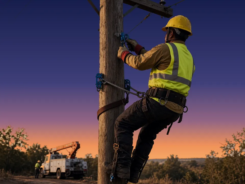 A lineman at dusk on a wooden utility pole, tied to the pole with a fall-restriction strap at his waist, hard hat, high-visibility vest with reflective bands, with a crew member and truck at the base.