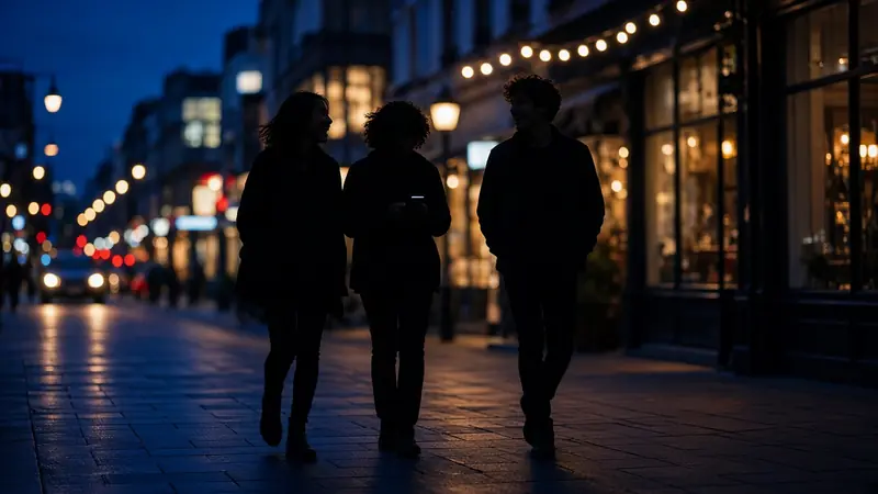 Silhouette of three friends walking together on a city street at night.
