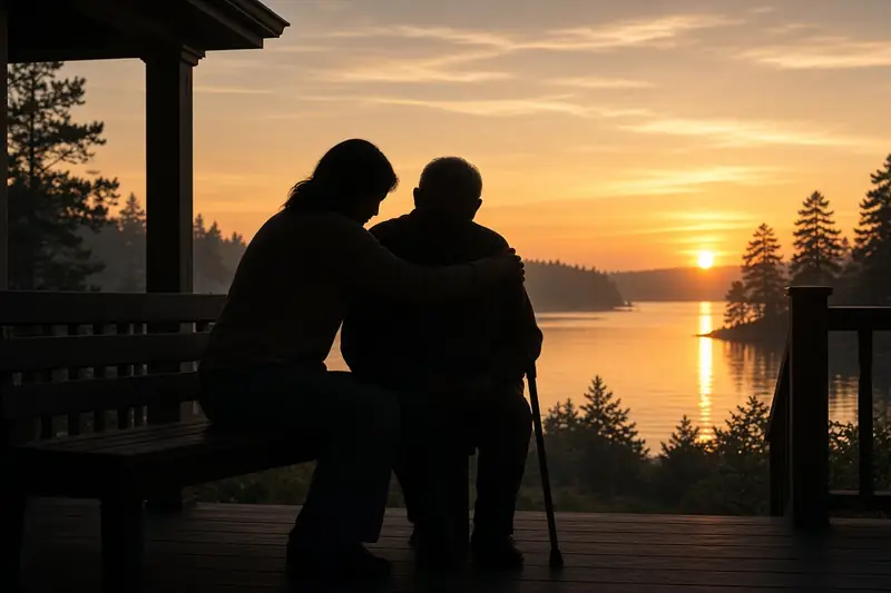 Silhouette of an adult sitting with an older parent on a porch at sunset. The older parent has a cane.