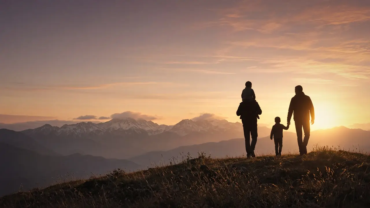 Silhouette of an adult carrying a small child and holding another child's hand, walking along a ridge at sunset.