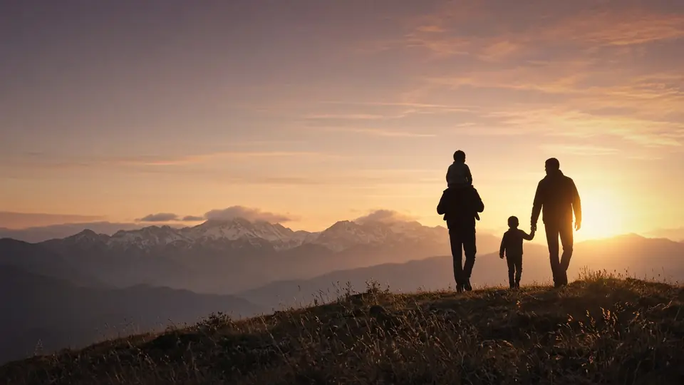 Silhouette of an adult carrying a small child and holding another child's hand, walking along a ridge at sunset.