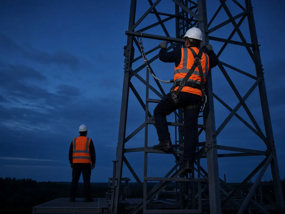 A climber seen from behind on a steel telecom tower at blue hour, hard hat with a chin strap, high-visibility vest with reflective bands, full-body harness, both lanyards clipped to a steel tower rung. A second worker in a hard hat and high-visibility vest stands clear of the drop zone.