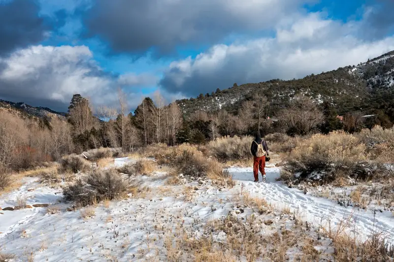 A person with a backpack walking away on a mountain trail in warm sunlight, small in the frame.