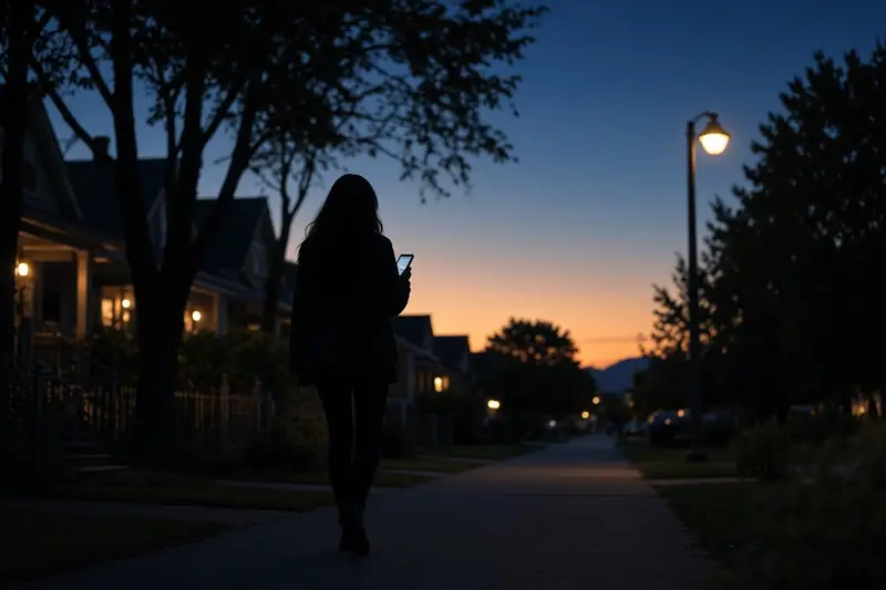 Silhouette of a person walking away down a residential street at dusk, looking at a phone.