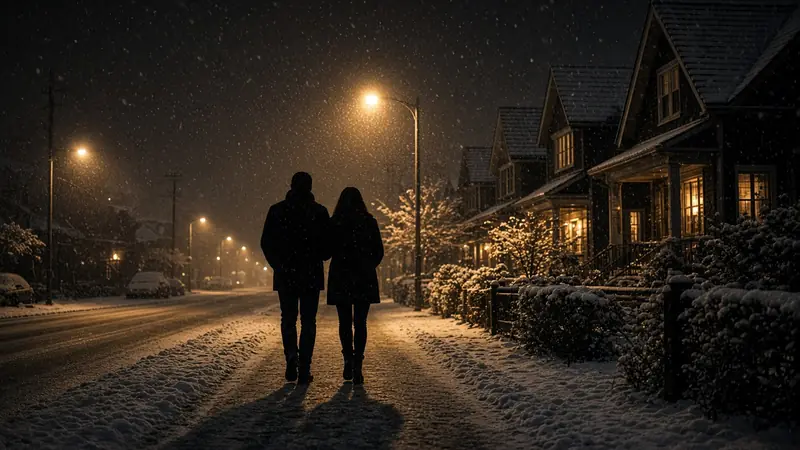 Silhouette of a couple walking close together on a snowy street at night.